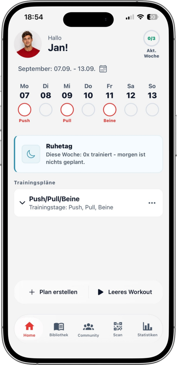 StrongNotes® App auf dem iPhone: Wochenübersicht mit Trainingstagen, Push, Pull und Beine, dazu der Trainingsplan.